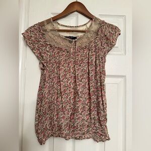 Nine West Pink Floral Blouse boho Lace Detail small Anthropologie $78